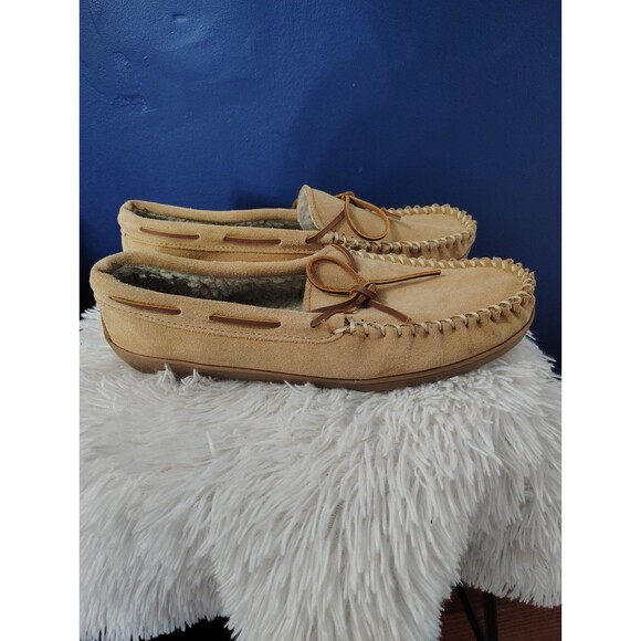 Minnetonka Mens Tan Leather Moccasins Slippers Faux Fur Lined Size 11 - Picture 1 of 9